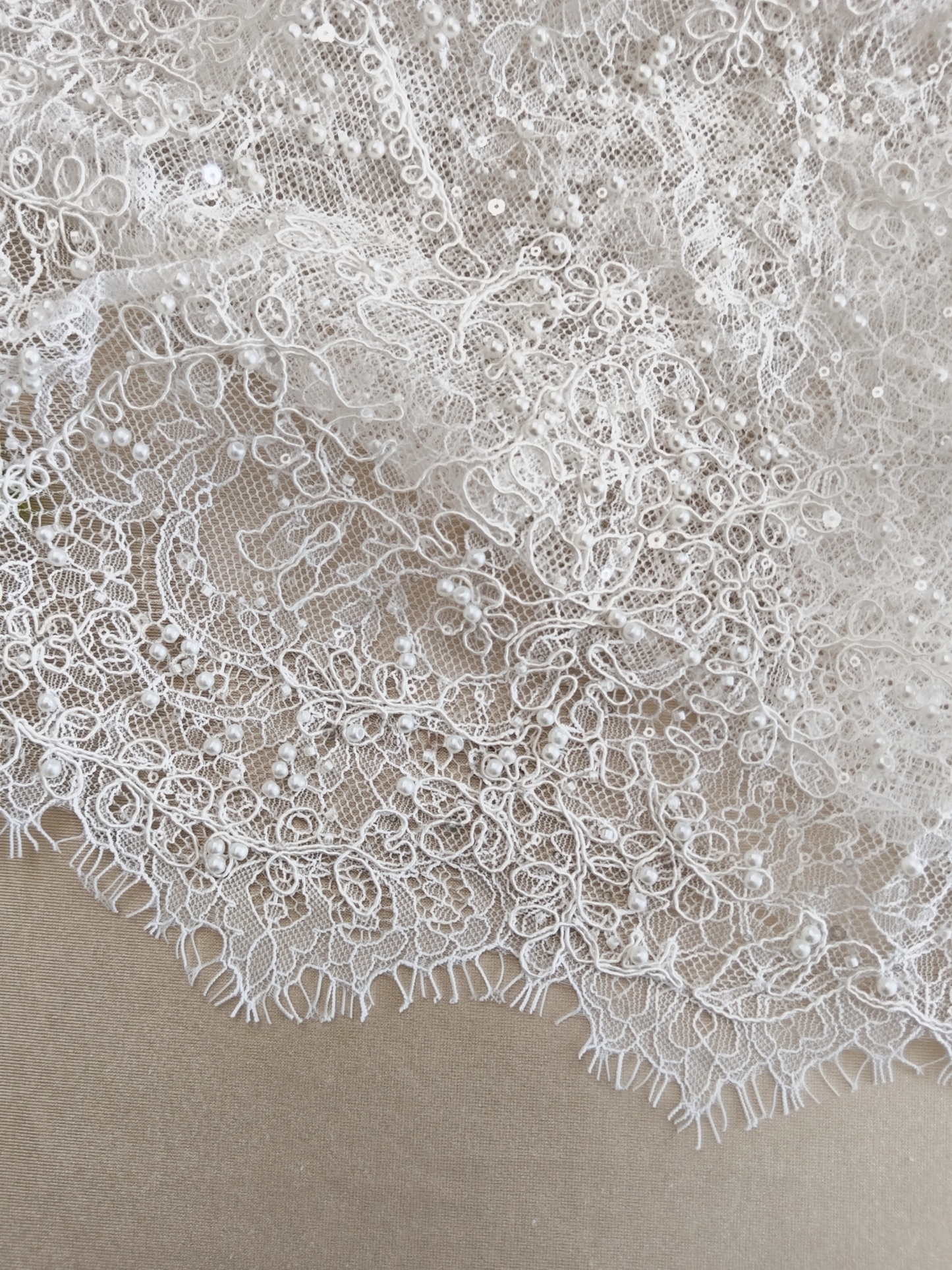White Cord Beaded Chantilly Lace Fabric for Wedding Dress,Bridal Gown Veil, Pearls Lace with Eyelash Edging,Sold as 3-Meter Piece