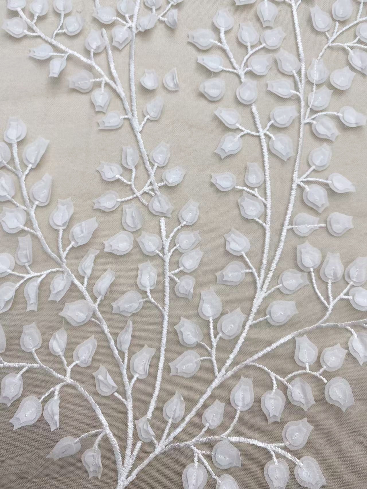 Ivory 3D Lily Flower Embroidery Tulle Fabric,Vintage Embroidered Floral Wedding Lace Bridal Lace Dress Fabric Veil Lace by the Yard