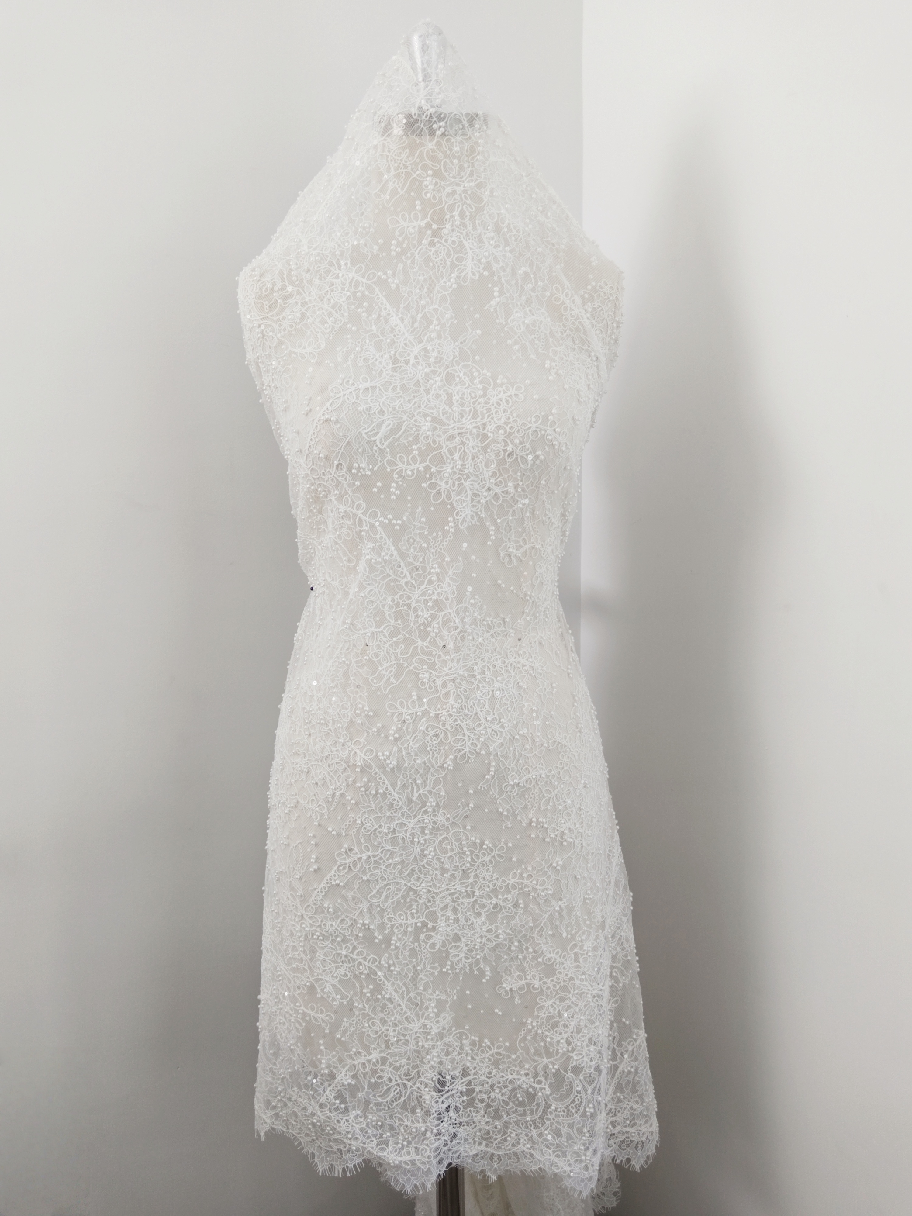 White Cord Beaded Chantilly Lace Fabric for Wedding Dress,Bridal Gown Veil, Pearls Lace with Eyelash Edging,Sold as 3-Meter Piece