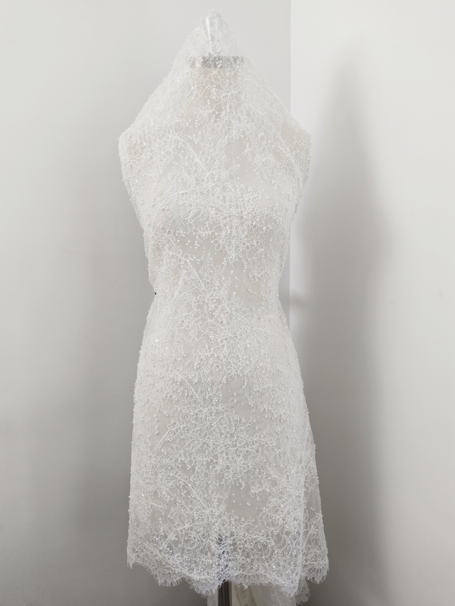 White Cord Beaded Chantilly Lace Fabric for Wedding Dress,Bridal Gown Veil, Pearls Lace with Eyelash Edging,Sold as 3-Meter Piece