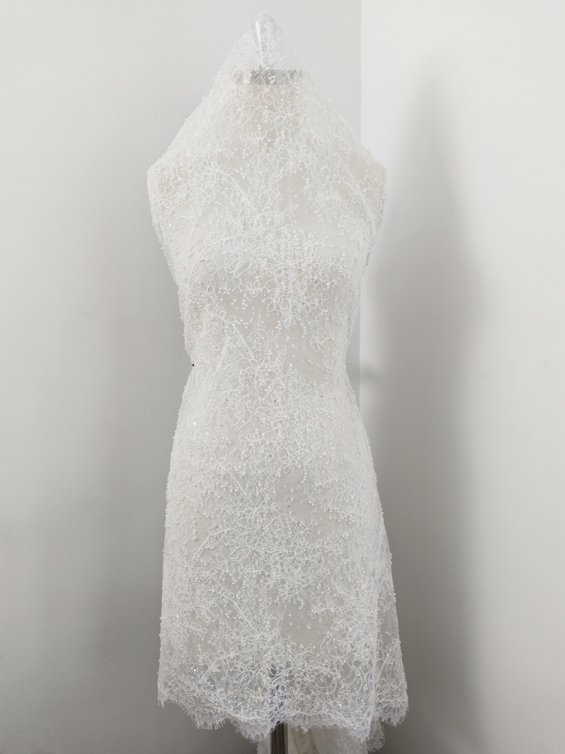 White Cord Beaded Chantilly Lace Fabric for Wedding Dress,Bridal Gown Veil, Pearls Lace with Eyelash Edging,Sold as 3-Meter Piece