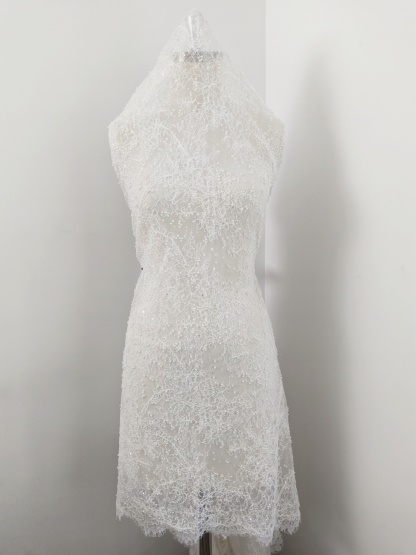 White Cord Beaded Chantilly Lace Fabric for Wedding Dress,Bridal Gown Veil, Pearls Lace with Eyelash Edging,Sold as 3-Meter Piece