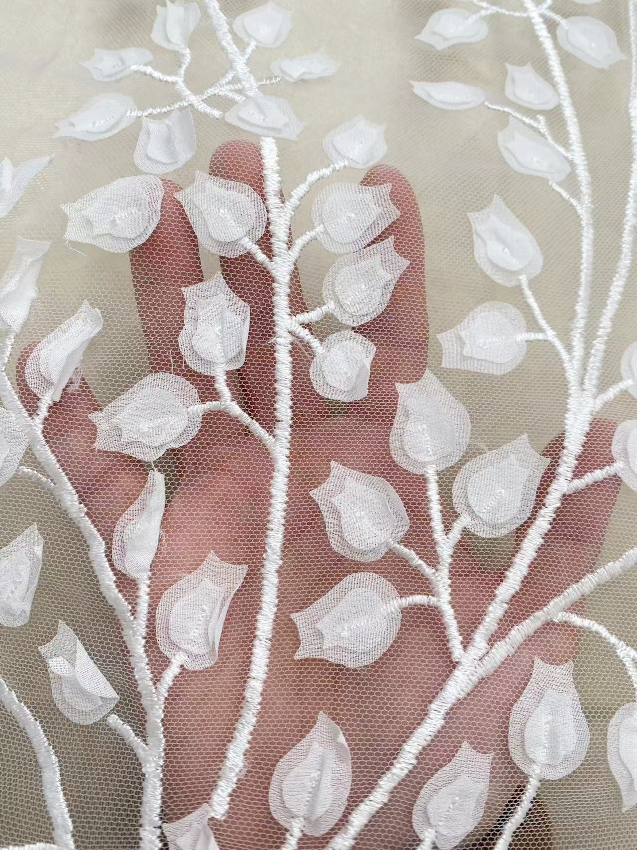 Ivory 3D Lily Flower Embroidery Tulle Fabric,Vintage Embroidered Floral Wedding Lace Bridal Lace Dress Fabric Veil Lace by the Yard