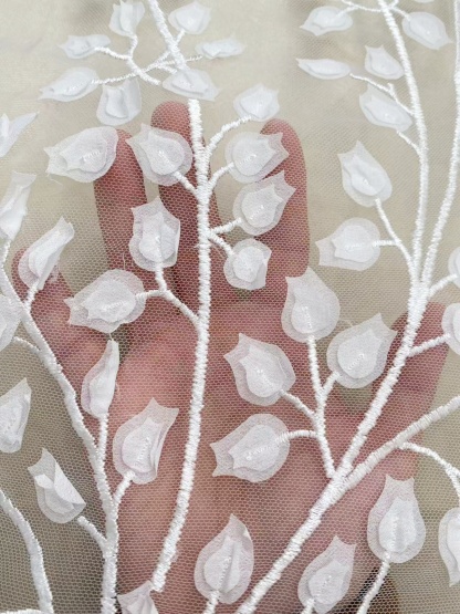 Ivory 3D Lily Flower Embroidery Tulle Fabric,Vintage Embroidered Floral Wedding Lace Bridal Lace Dress Fabric Veil Lace by the Yard