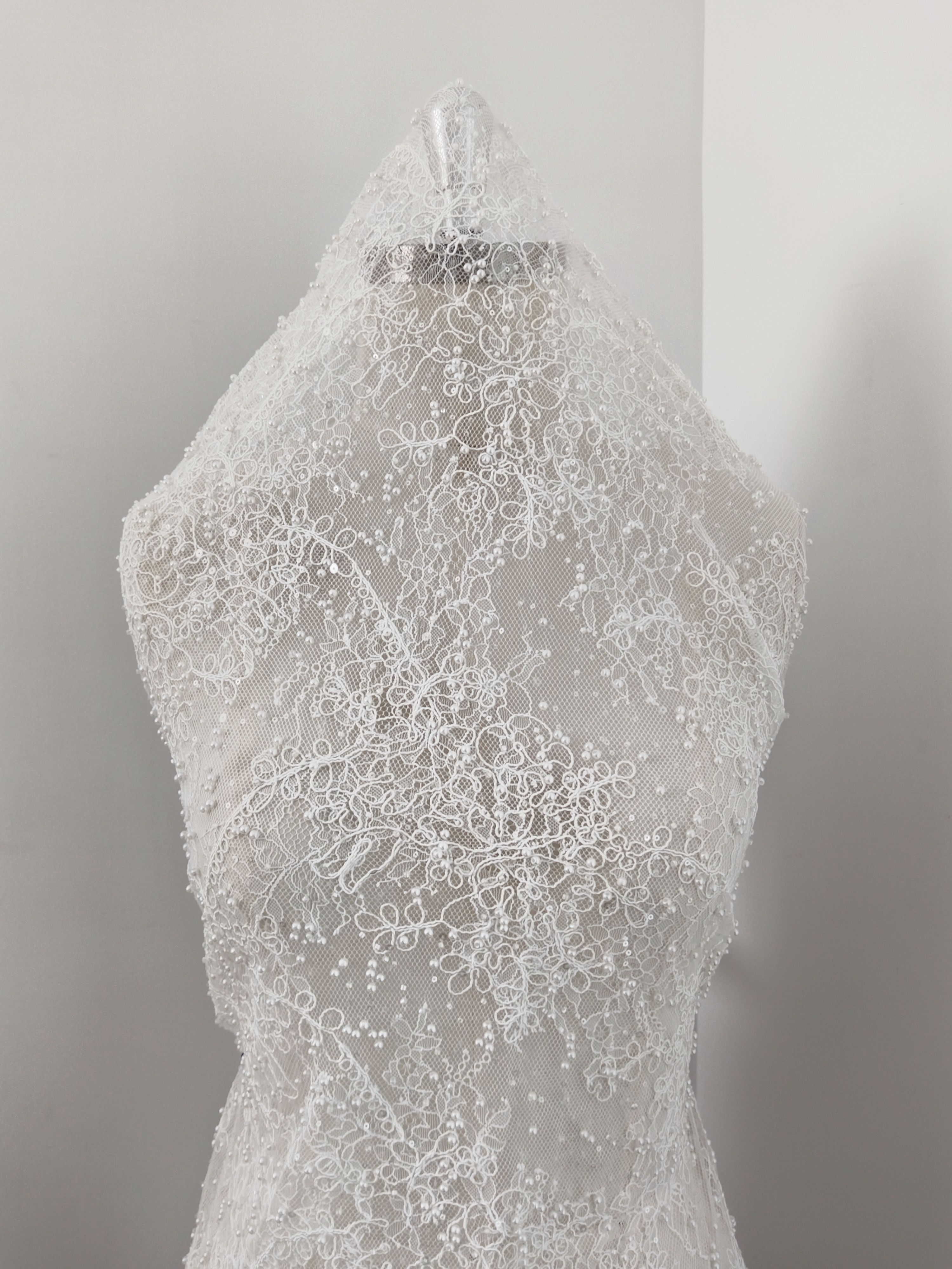 White Cord Beaded Chantilly Lace Fabric for Wedding Dress,Bridal Gown Veil, Pearls Lace with Eyelash Edging,Sold as 3-Meter Piece