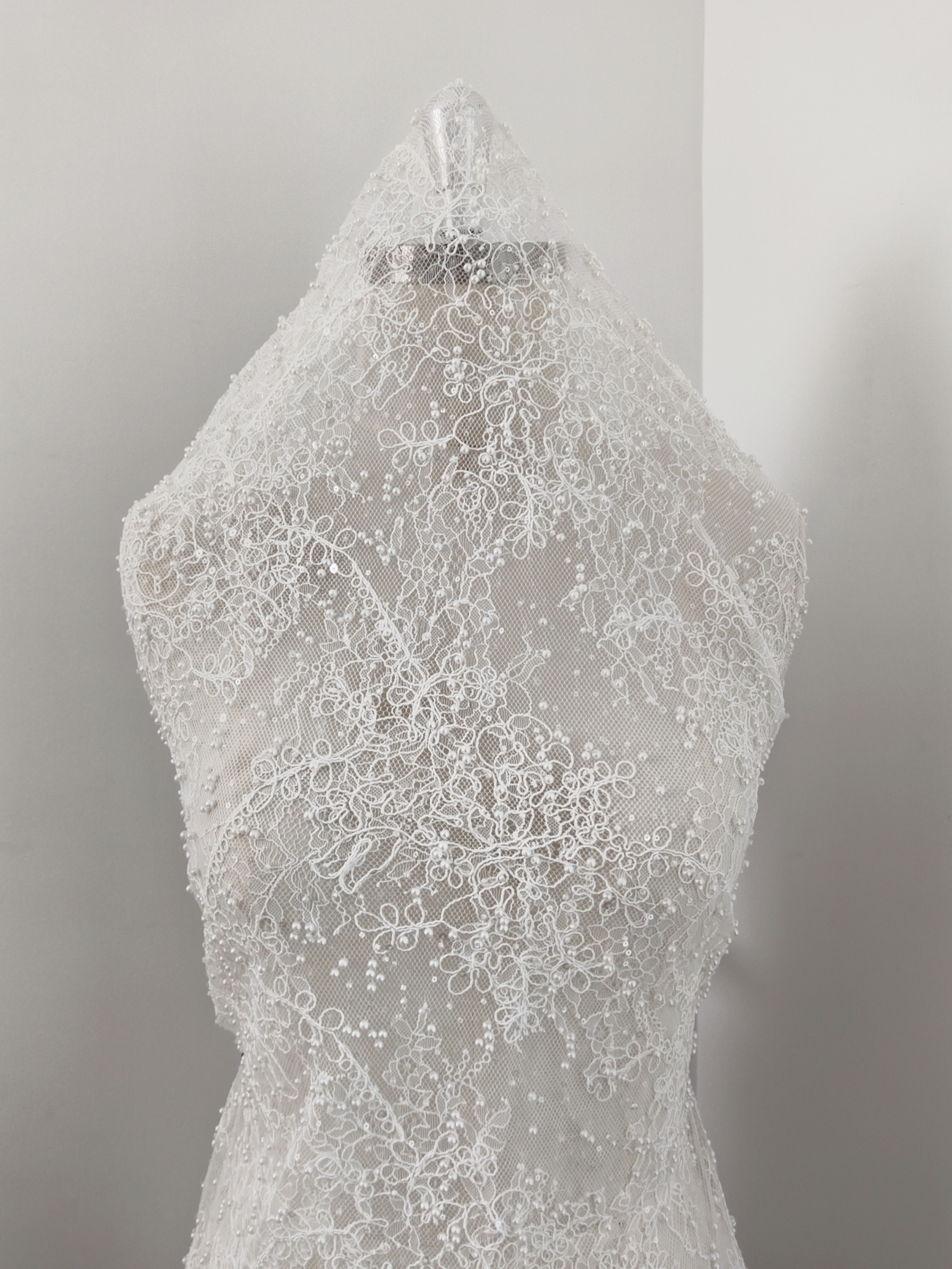 White Cord Beaded Chantilly Lace Fabric for Wedding Dress,Bridal Gown Veil, Pearls Lace with Eyelash Edging,Sold as 3-Meter Piece