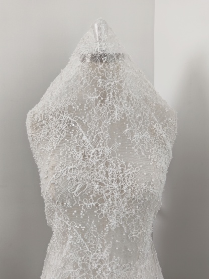 White Cord Beaded Chantilly Lace Fabric for Wedding Dress,Bridal Gown Veil, Pearls Lace with Eyelash Edging,Sold as 3-Meter Piece