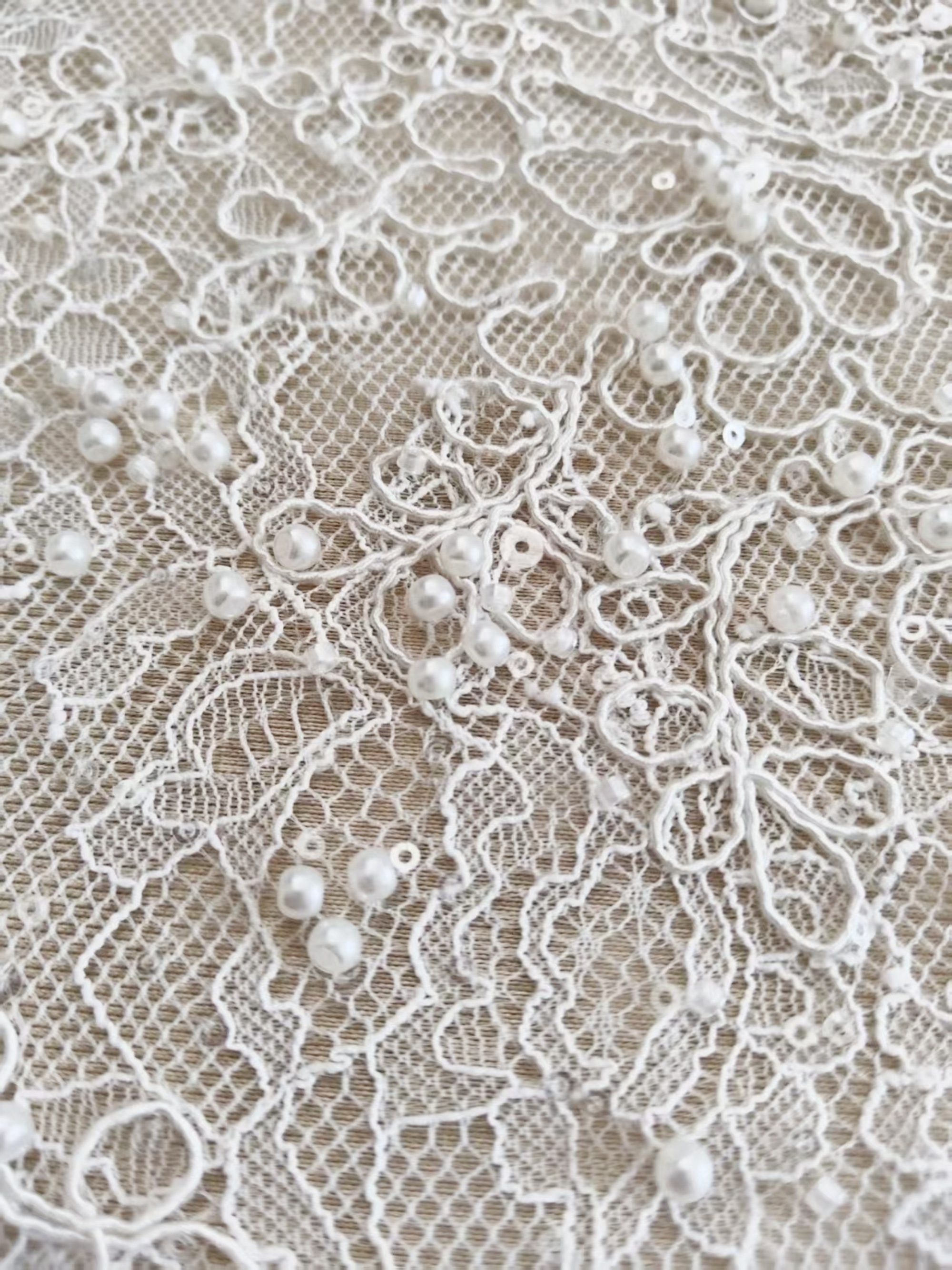 White Cord Beaded Chantilly Lace Fabric for Wedding Dress,Bridal Gown Veil, Pearls Lace with Eyelash Edging,Sold as 3-Meter Piece