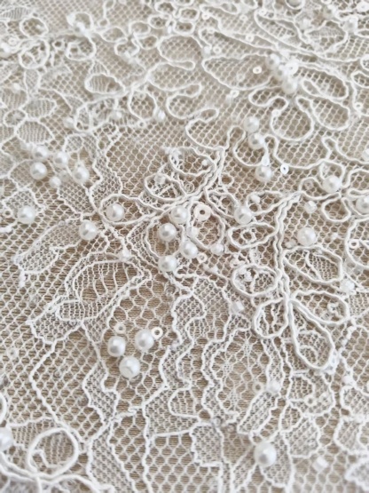 White Cord Beaded Chantilly Lace Fabric for Wedding Dress,Bridal Gown Veil, Pearls Lace with Eyelash Edging,Sold as 3-Meter Piece