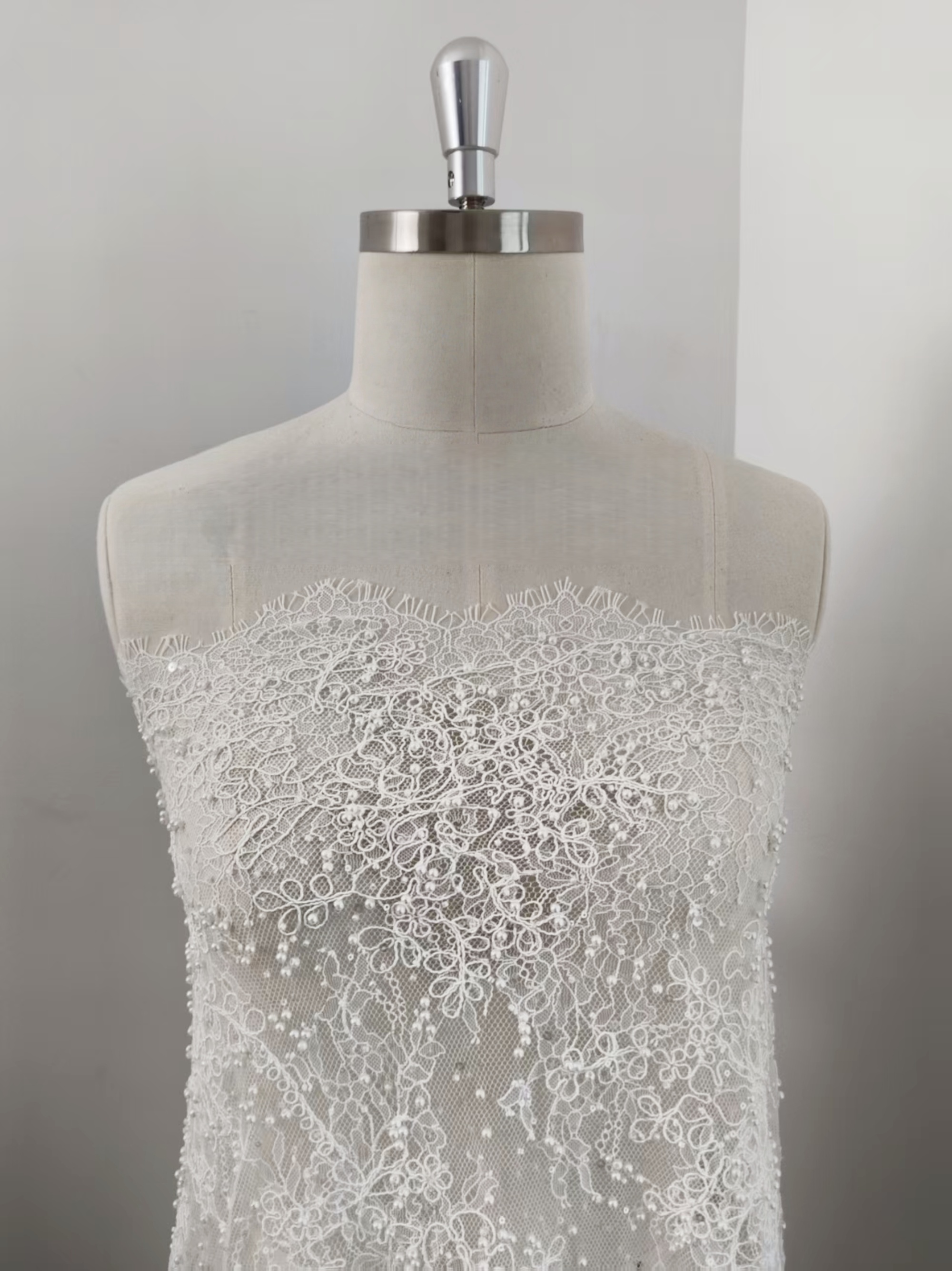 White Cord Beaded Chantilly Lace Fabric for Wedding Dress,Bridal Gown Veil, Pearls Lace with Eyelash Edging,Sold as 3-Meter Piece