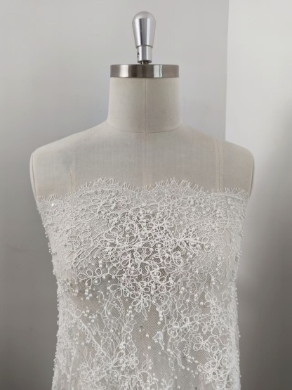 White Cord Beaded Chantilly Lace Fabric for Wedding Dress,Bridal Gown Veil, Pearls Lace with Eyelash Edging,Sold as 3-Meter Piece