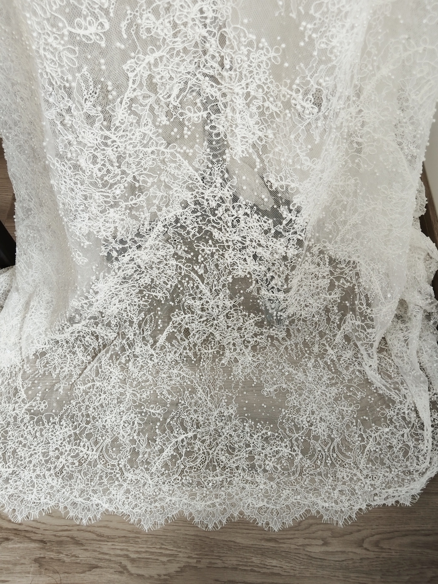 White Cord Beaded Chantilly Lace Fabric for Wedding Dress,Bridal Gown Veil, Pearls Lace with Eyelash Edging,Sold as 3-Meter Piece