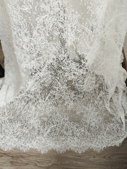 White Cord Beaded Chantilly Lace Fabric for Wedding Dress,Bridal Gown Veil, Pearls Lace with Eyelash Edging,Sold as 3-Meter Piece