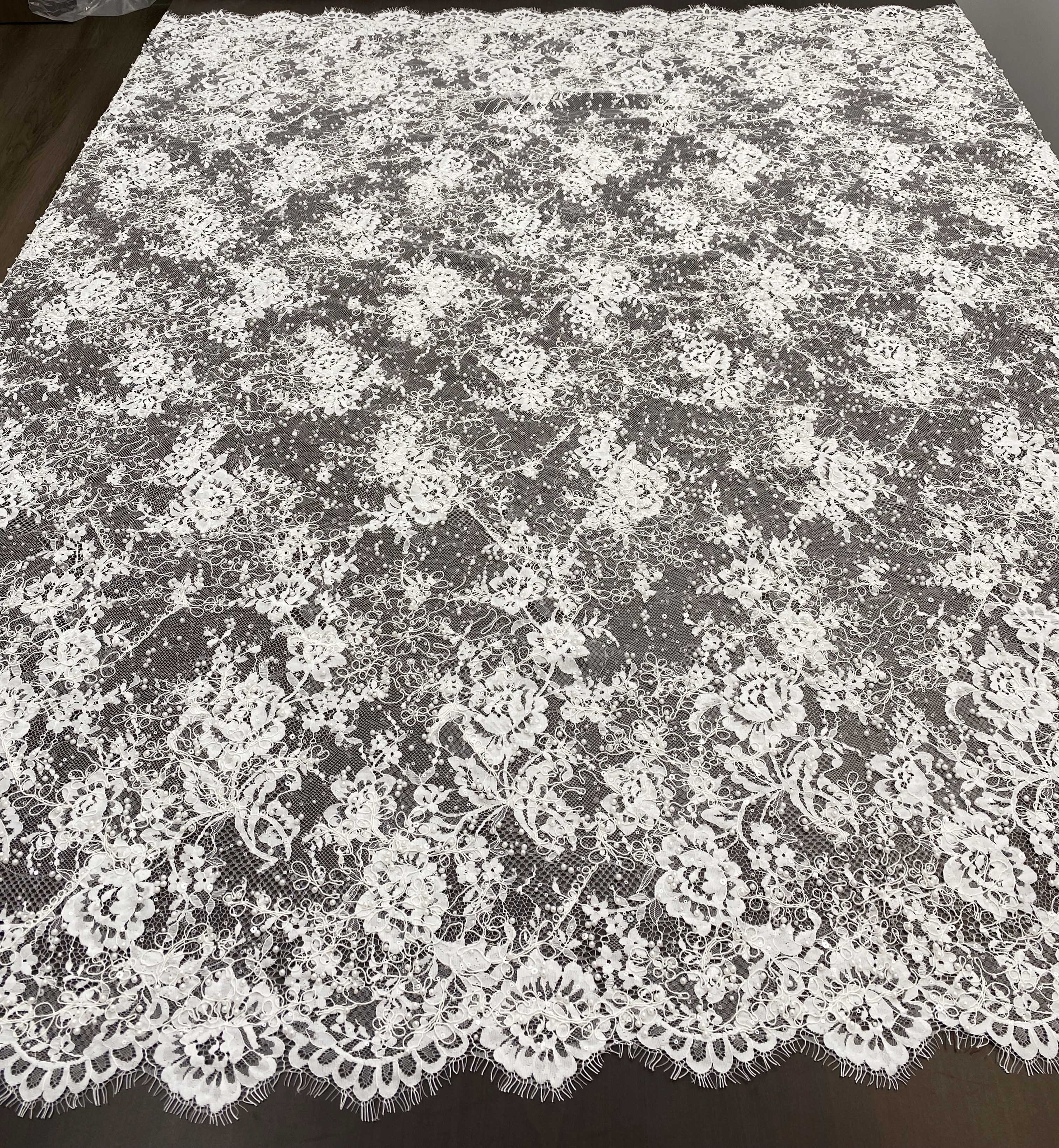 White Cord Beaded Chantilly Lace Fabric for Wedding Dress,Bridal Gown Veil, Pearls Lace with Eyelash Edging,Sold as 3-Meter Piece