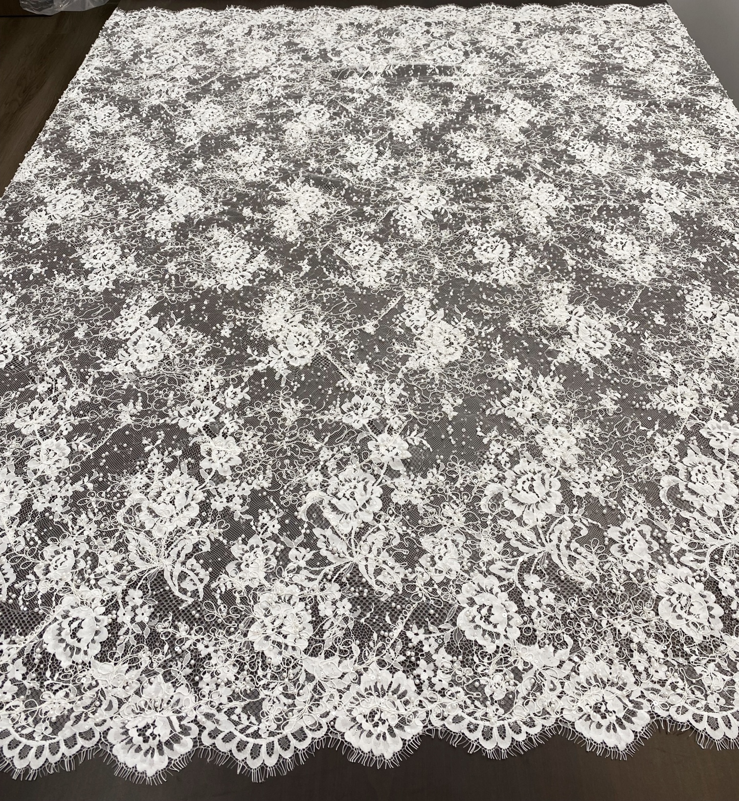 White Cord Beaded Chantilly Lace Fabric for Wedding Dress,Bridal Gown Veil, Pearls Lace with Eyelash Edging,Sold as 3-Meter Piece