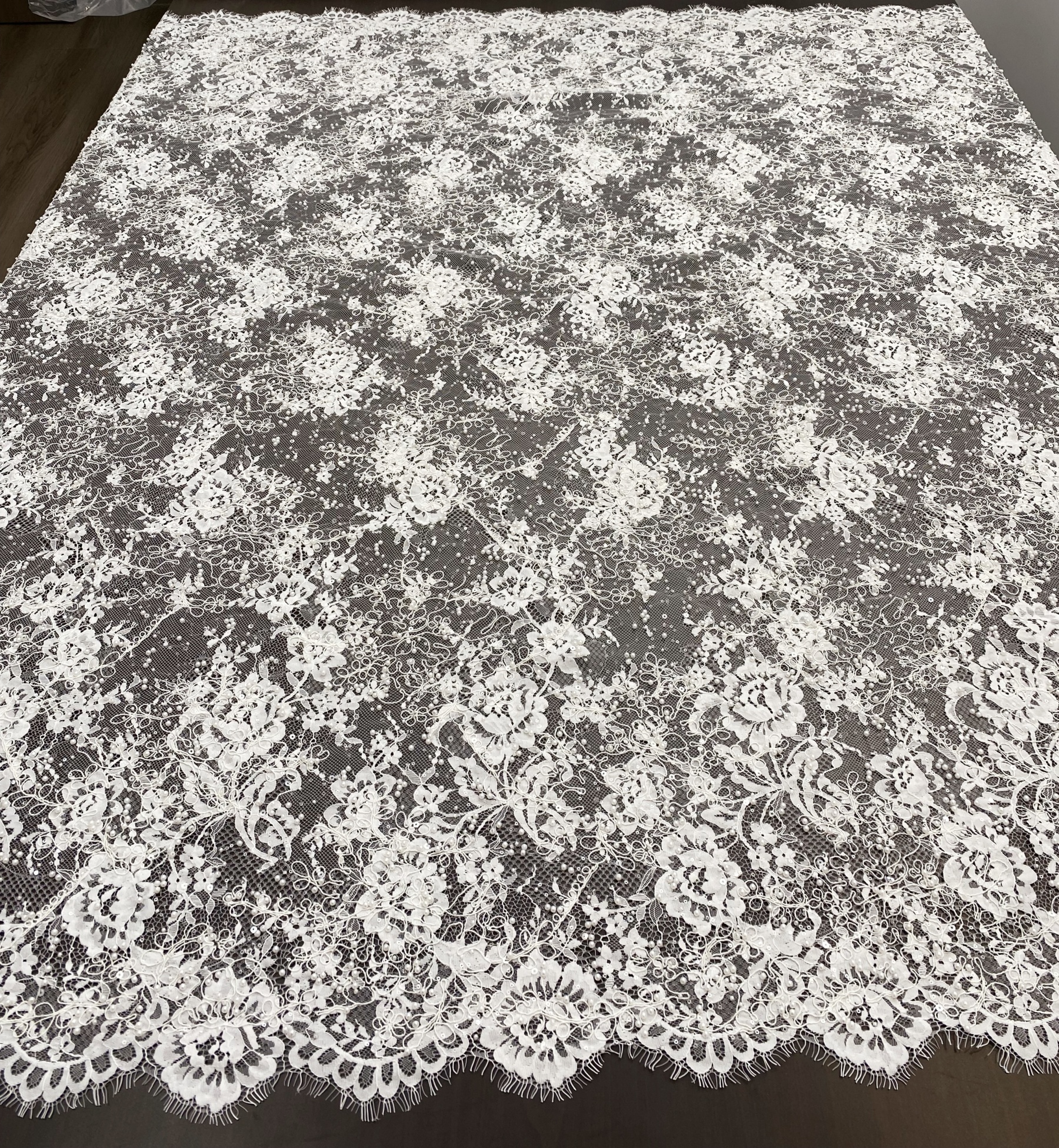 White Cord Beaded Chantilly Lace Fabric for Wedding Dress,Bridal Gown Veil, Pearls Lace with Eyelash Edging,Sold as 3-Meter Piece