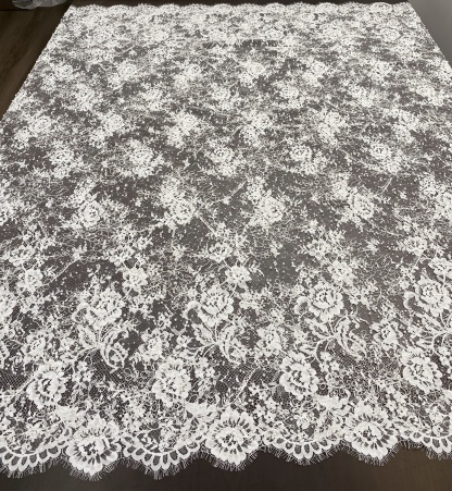 White Cord Beaded Chantilly Lace Fabric for Wedding Dress,Bridal Gown Veil, Pearls Lace with Eyelash Edging,Sold as 3-Meter Piece