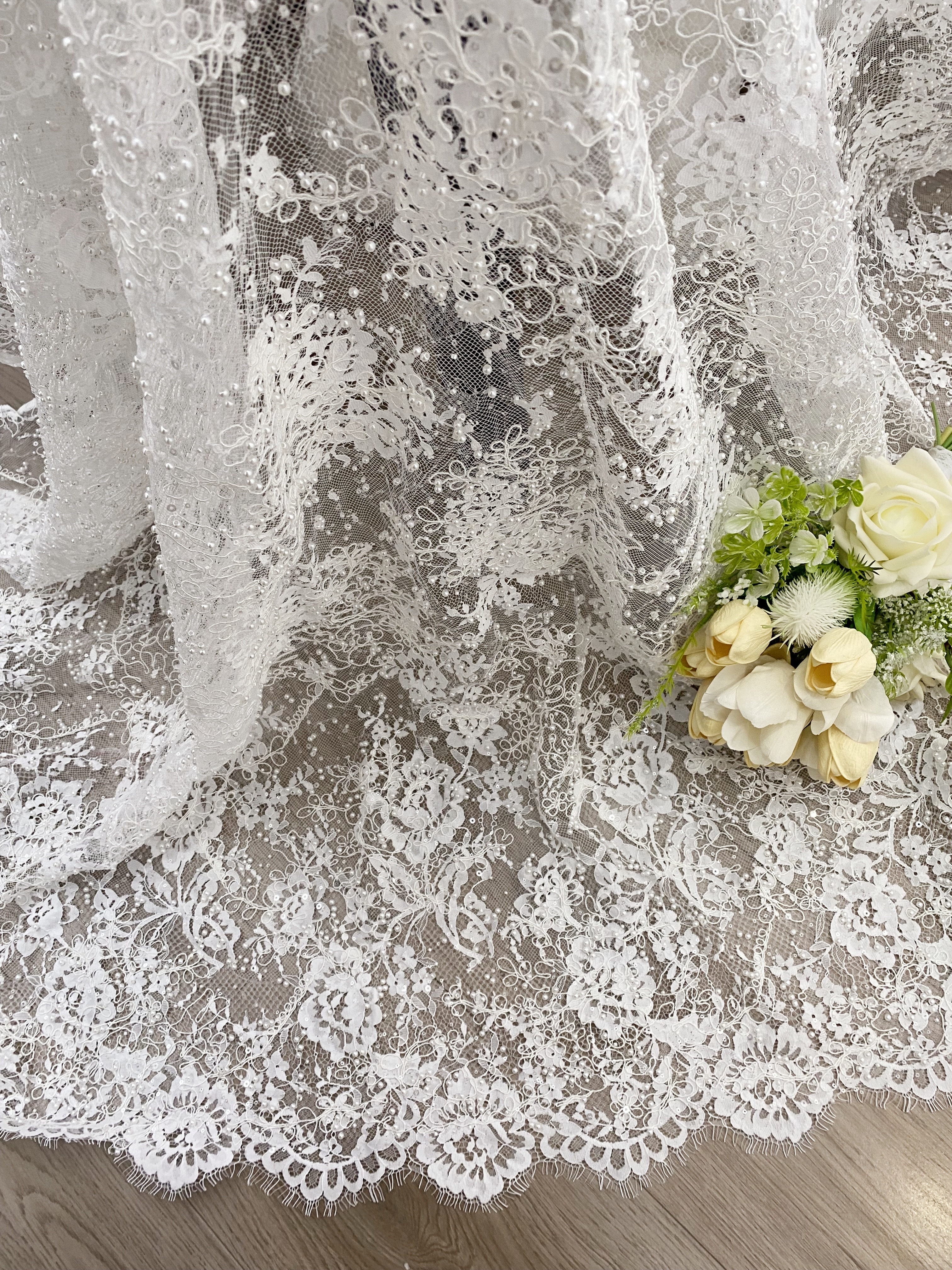 White Cord Beaded Chantilly Lace Fabric for Wedding Dress,Bridal Gown Veil, Pearls Lace with Eyelash Edging,Sold as 3-Meter Piece