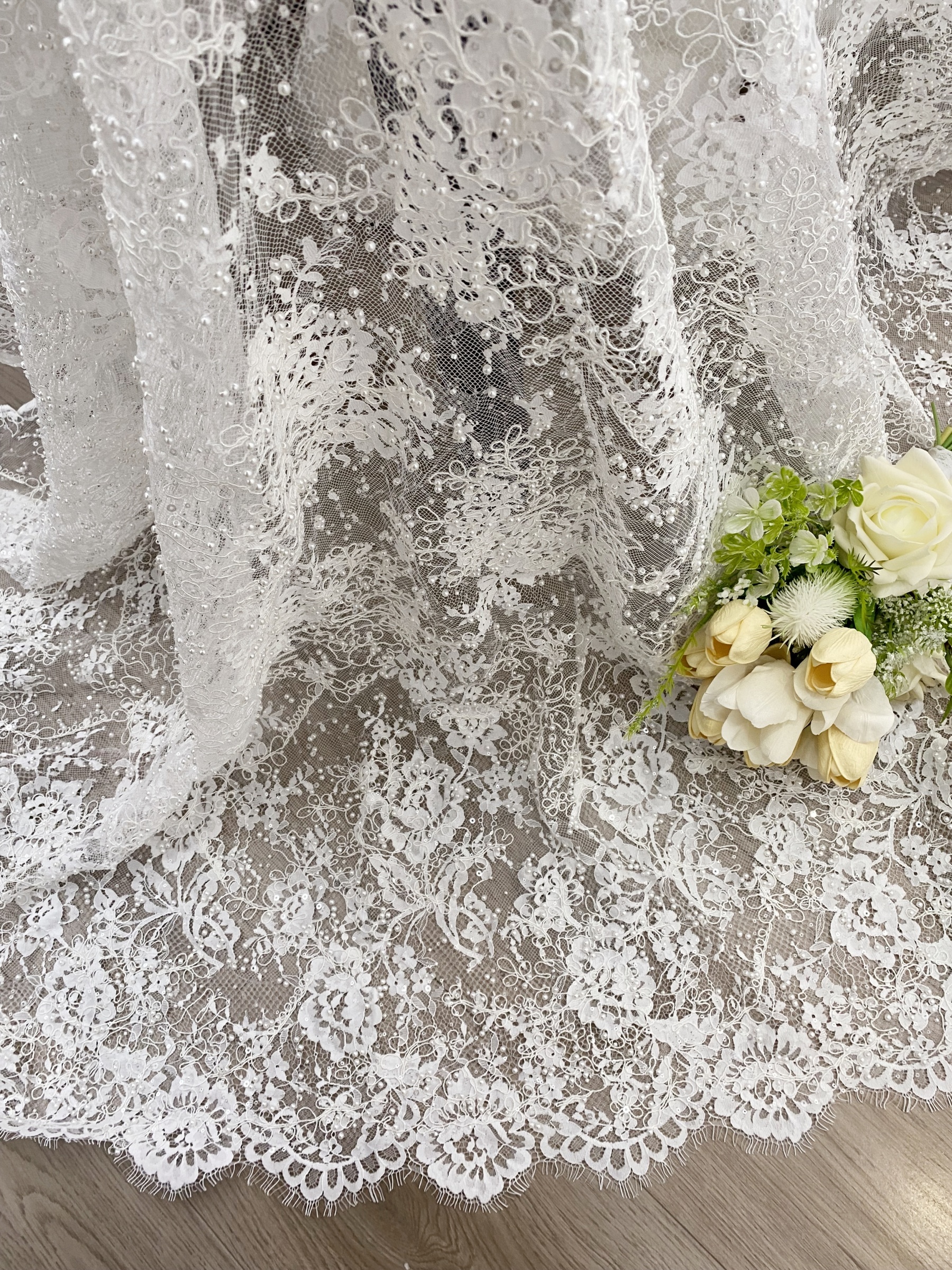 White Cord Beaded Chantilly Lace Fabric for Wedding Dress,Bridal Gown Veil, Pearls Lace with Eyelash Edging,Sold as 3-Meter Piece