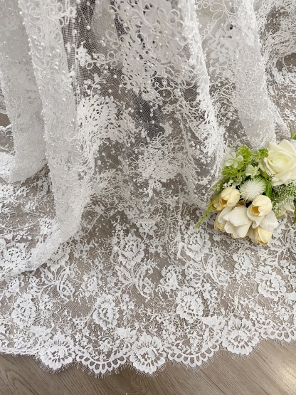 White Cord Beaded Chantilly Lace Fabric for Wedding Dress,Bridal Gown Veil, Pearls Lace with Eyelash Edging,Sold as 3-Meter Piece