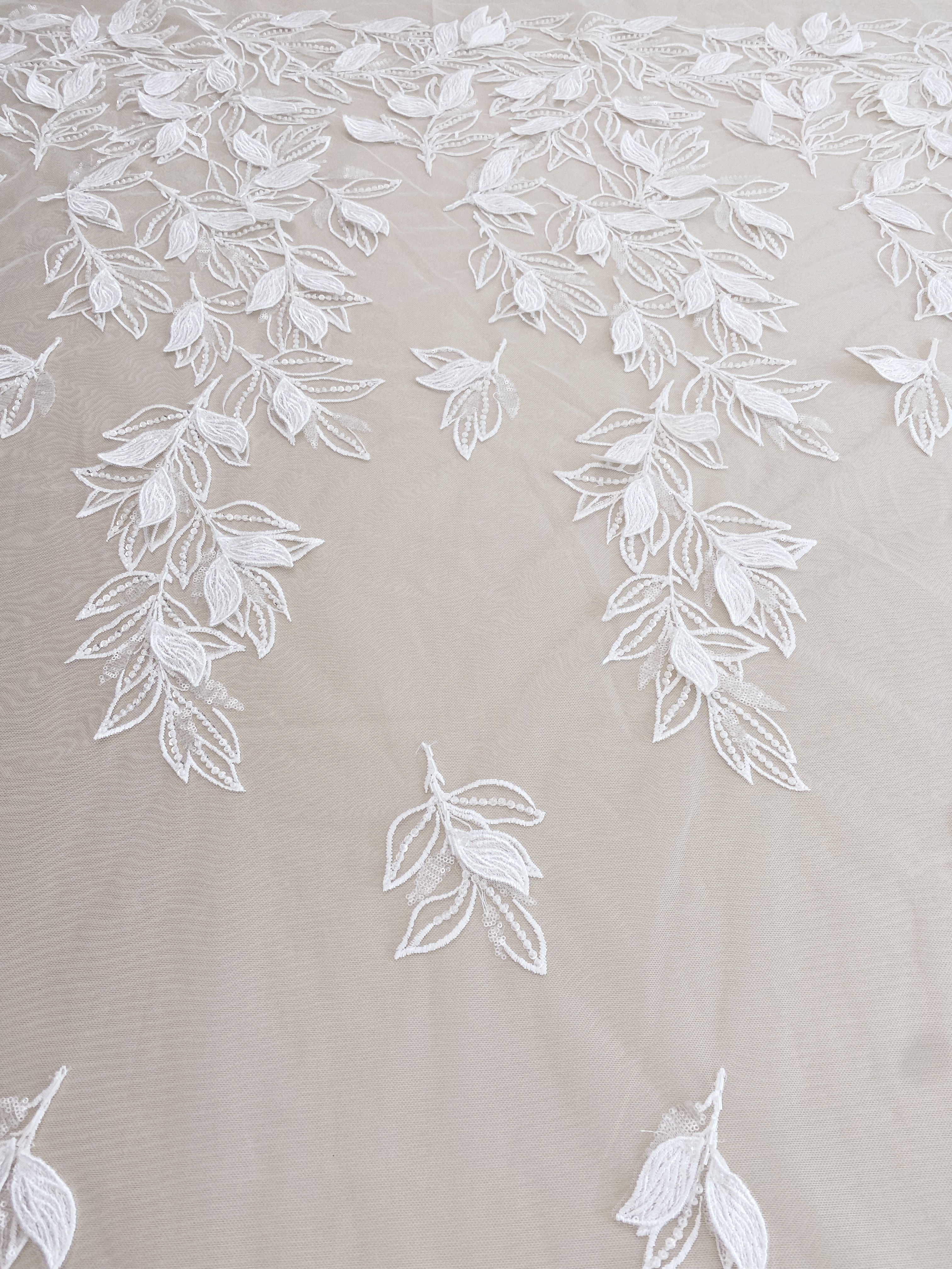 3D White Beaded Leaf Flower Lace Fabric, Bridal Floral Lace Veil Material, Soft Embroidery Leaf Veil Tulle Fabric by the yard