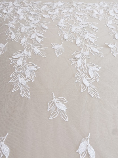 3D White Beaded Leaf Flower Lace Fabric, Bridal Floral Lace Veil Material, Soft Embroidery Leaf Veil Tulle Fabric by the yard