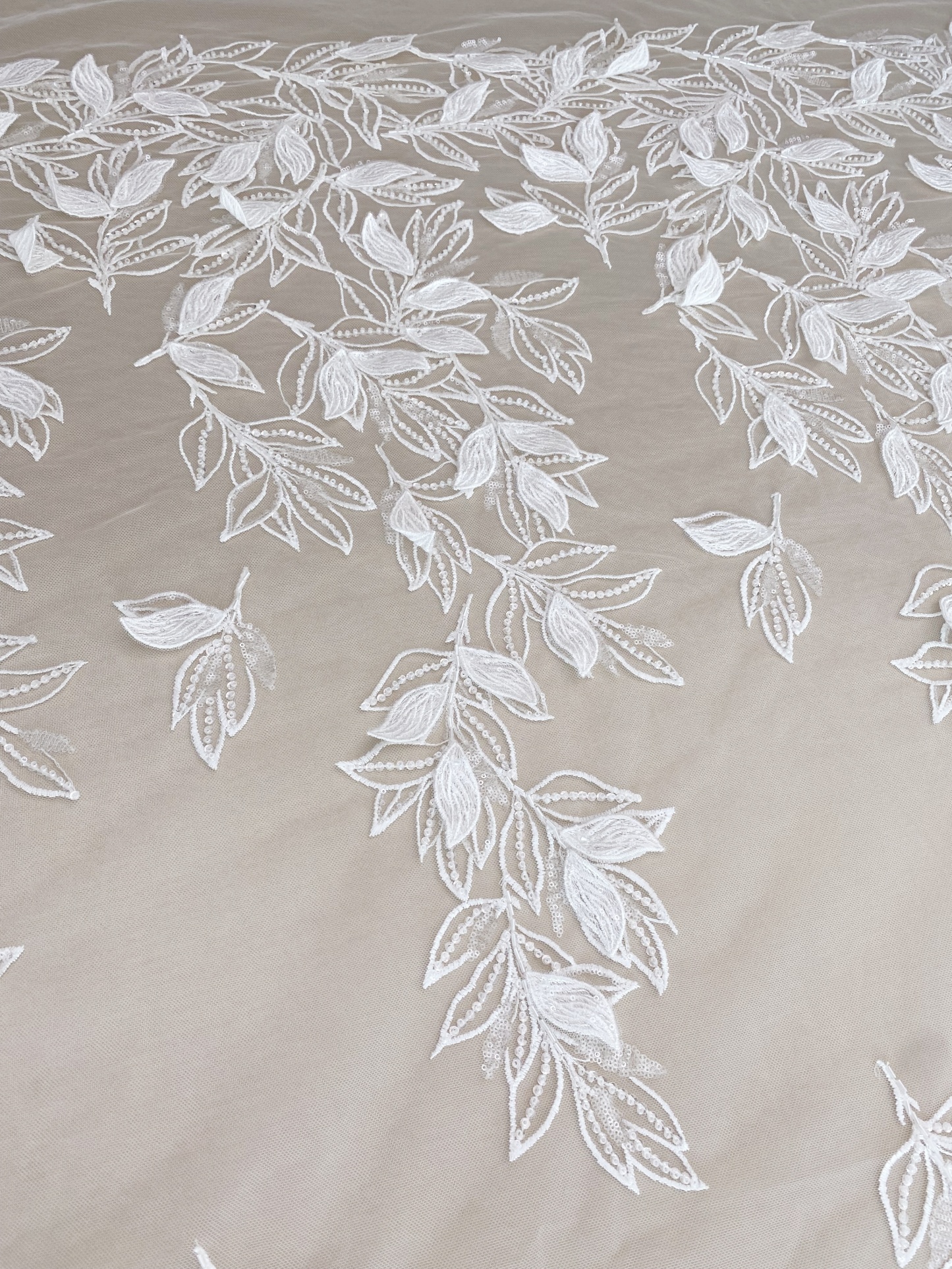 3D White Beaded Leaf Flower Lace Fabric, Bridal Floral Lace Veil Material, Soft Embroidery Leaf Veil Tulle Fabric by the yard