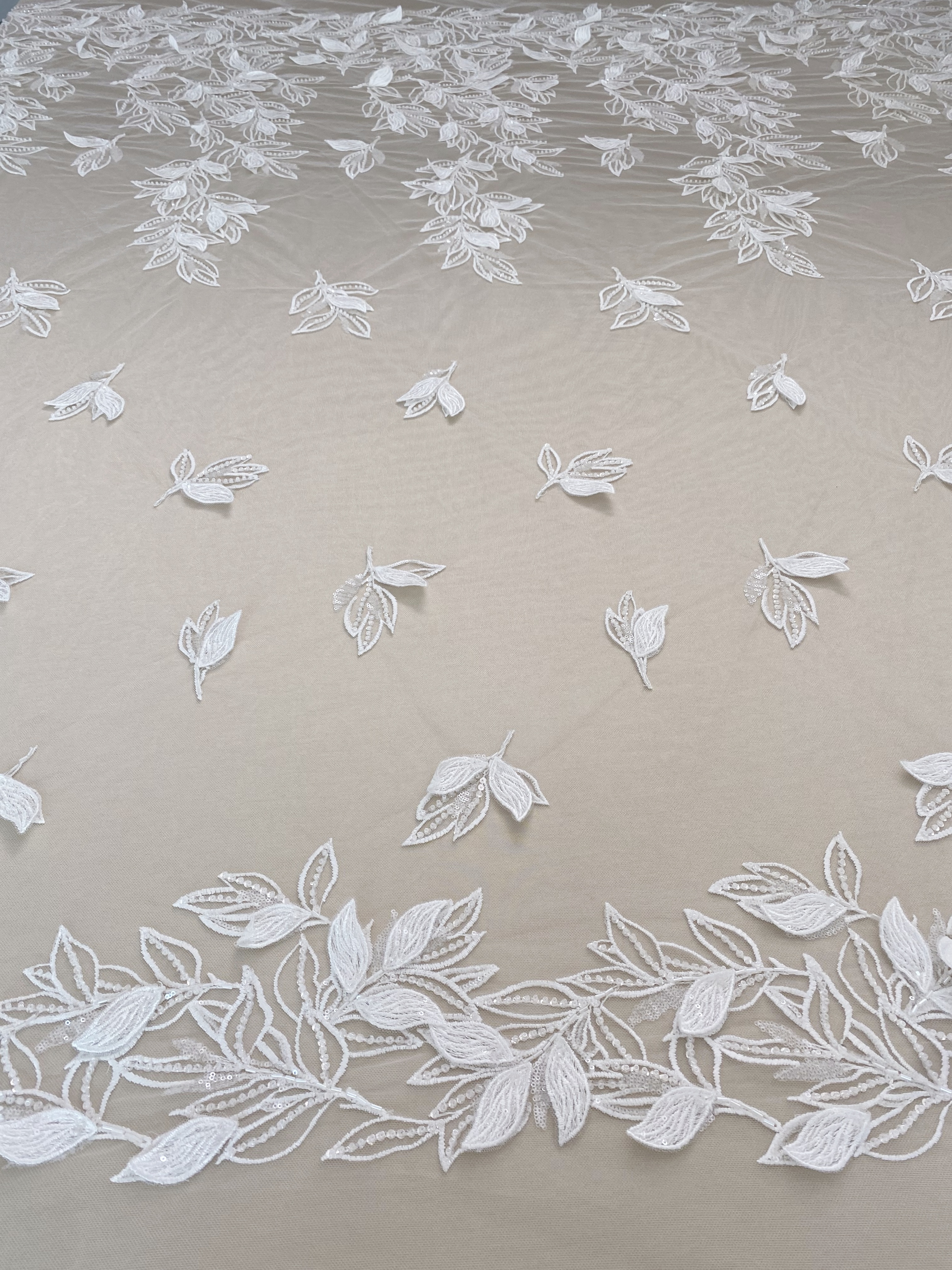 3D White Beaded Leaf Flower Lace Fabric, Bridal Floral Lace Veil Material, Soft Embroidery Leaf Veil Tulle Fabric by the yard