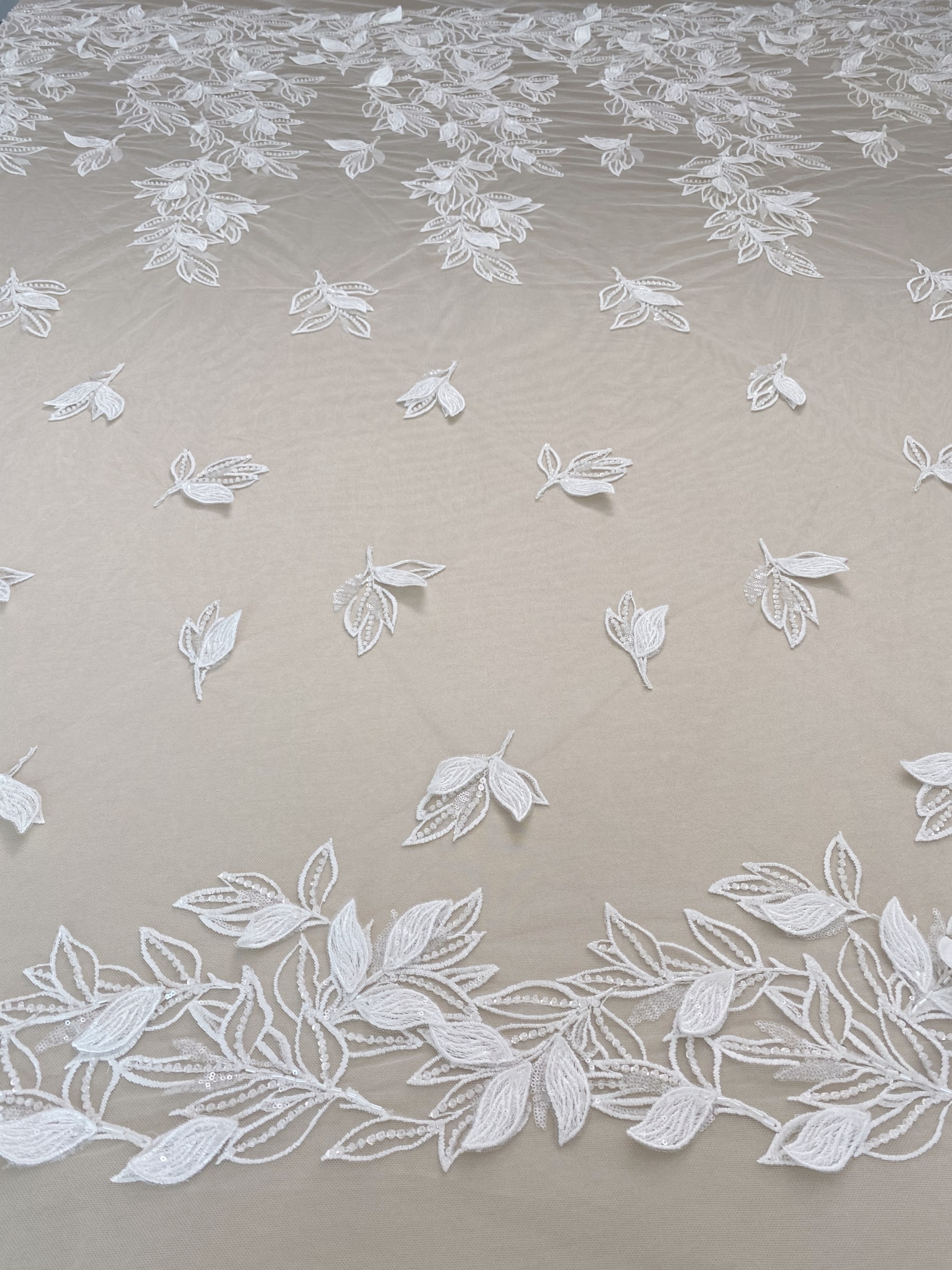 3D White Beaded Leaf Flower Lace Fabric, Bridal Floral Lace Veil Material, Soft Embroidery Leaf Veil Tulle Fabric by the yard