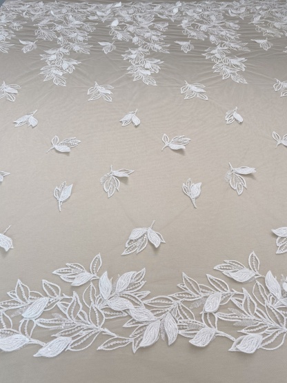 3D White Beaded Leaf Flower Lace Fabric, Bridal Floral Lace Veil Material, Soft Embroidery Leaf Veil Tulle Fabric by the yard