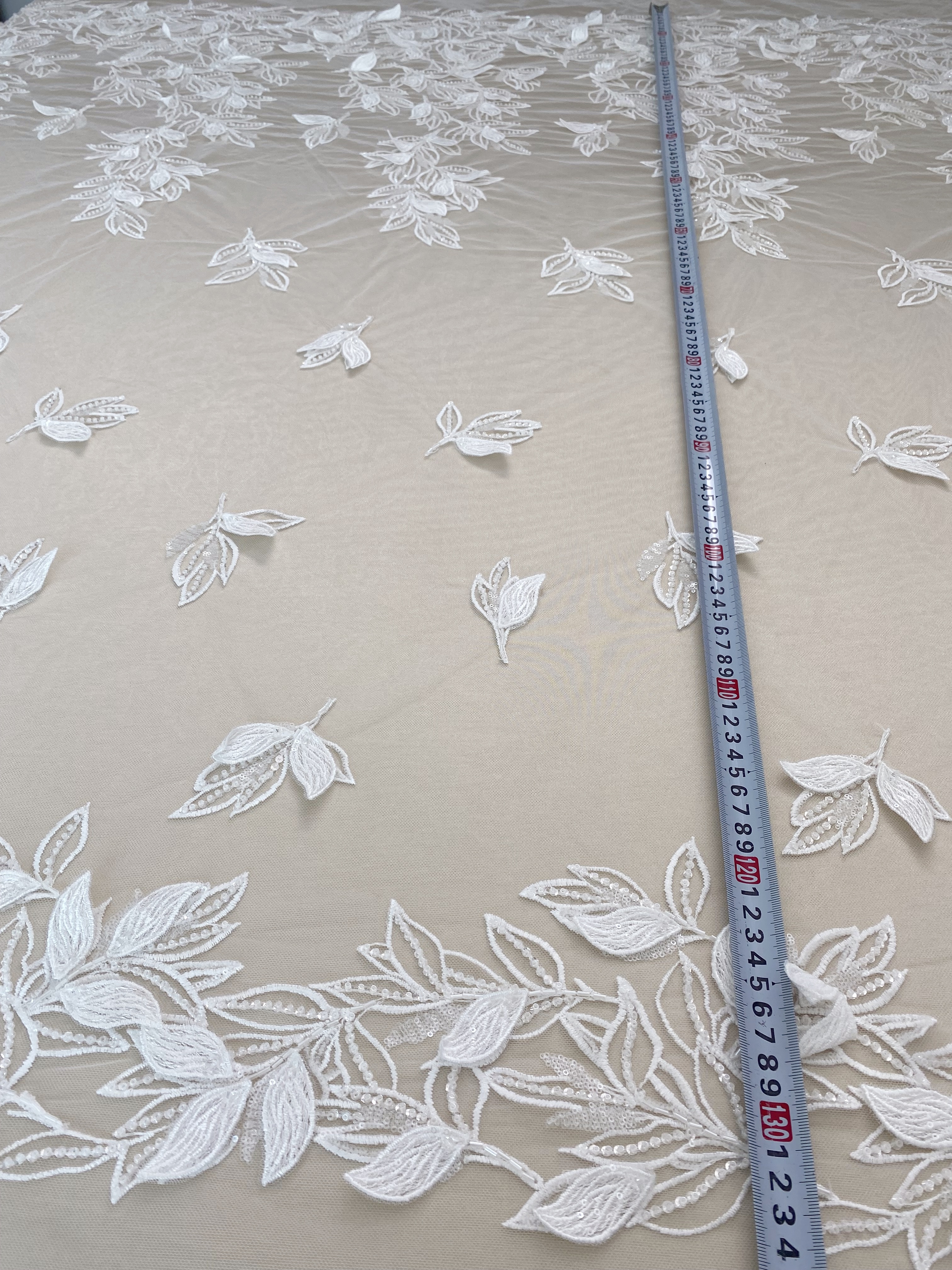 3D White Beaded Leaf Flower Lace Fabric, Bridal Floral Lace Veil Material, Soft Embroidery Leaf Veil Tulle Fabric by the yard