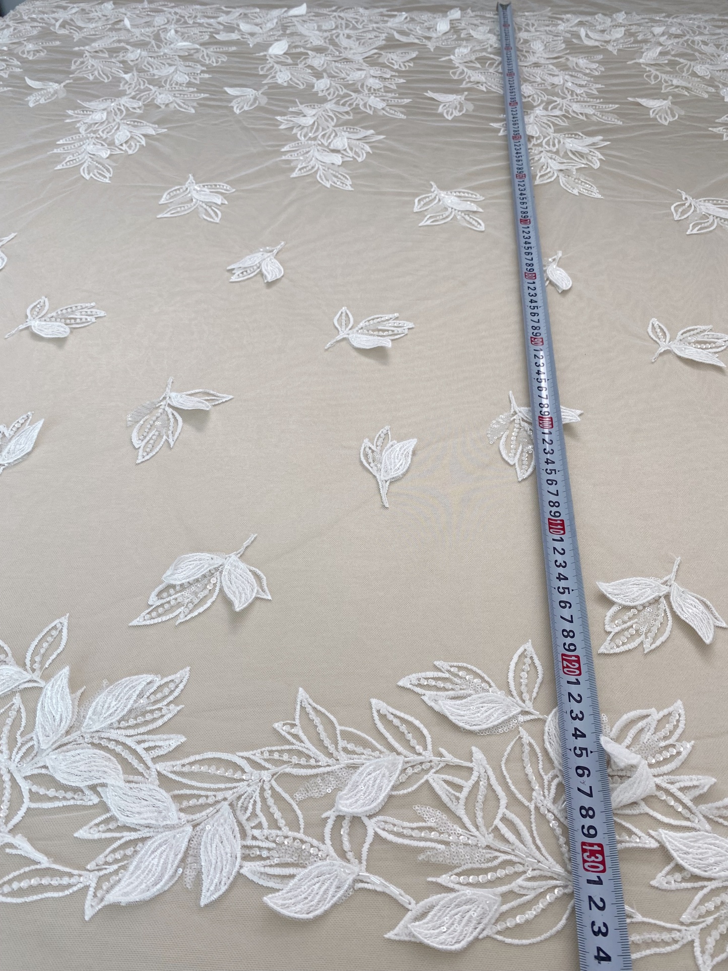 3D White Beaded Leaf Flower Lace Fabric, Bridal Floral Lace Veil Material, Soft Embroidery Leaf Veil Tulle Fabric by the yard