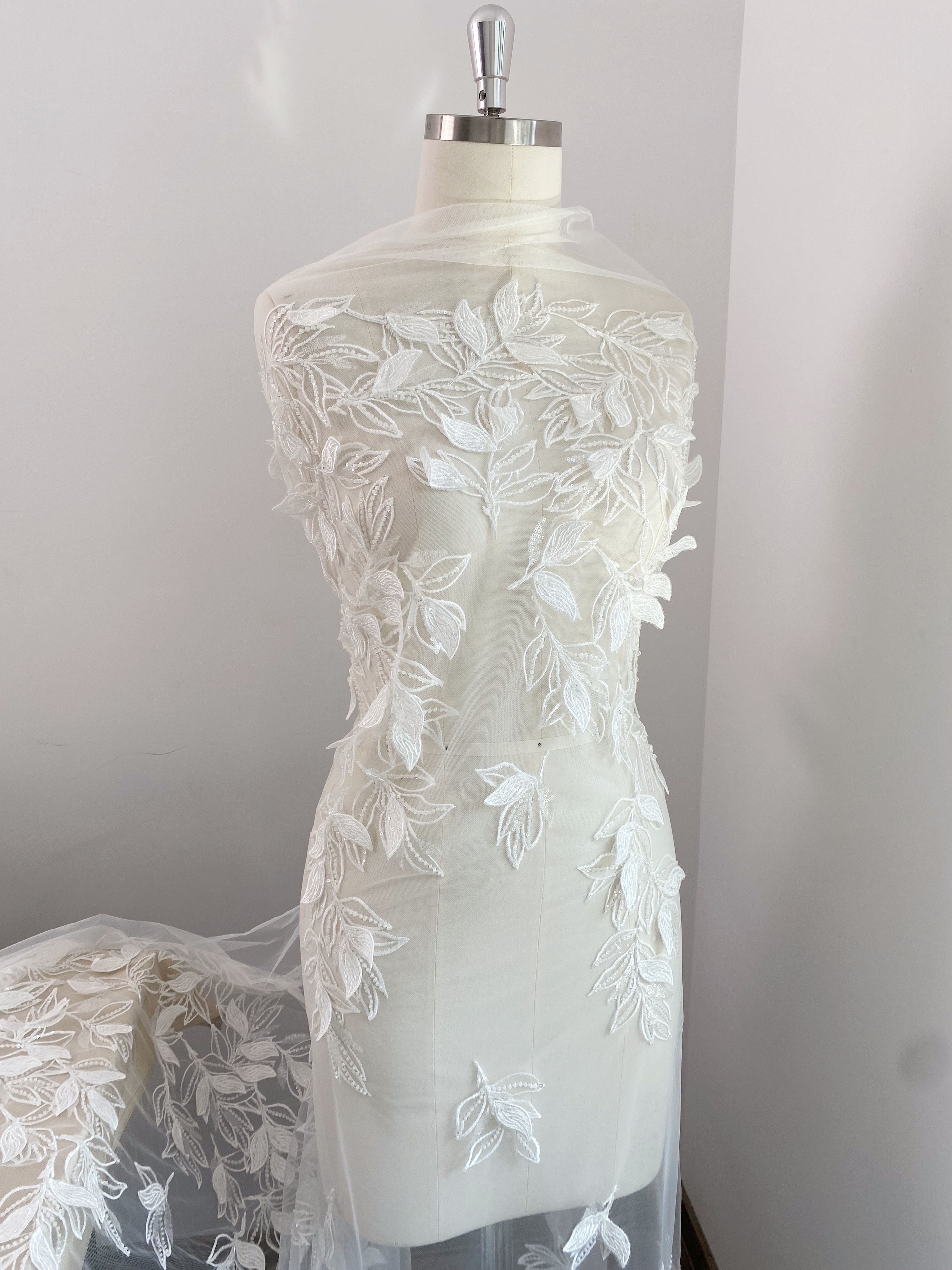 3D White Beaded Leaf Flower Lace Fabric, Bridal Floral Lace Veil Material, Soft Embroidery Leaf Veil Tulle Fabric by the yard