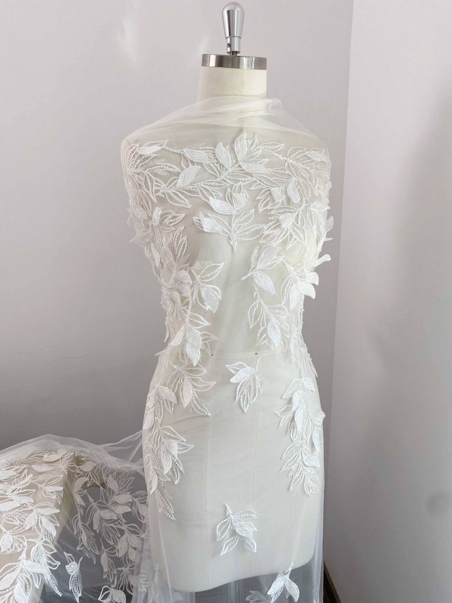 3D White Beaded Leaf Flower Lace Fabric, Bridal Floral Lace Veil Material, Soft Embroidery Leaf Veil Tulle Fabric by the yard