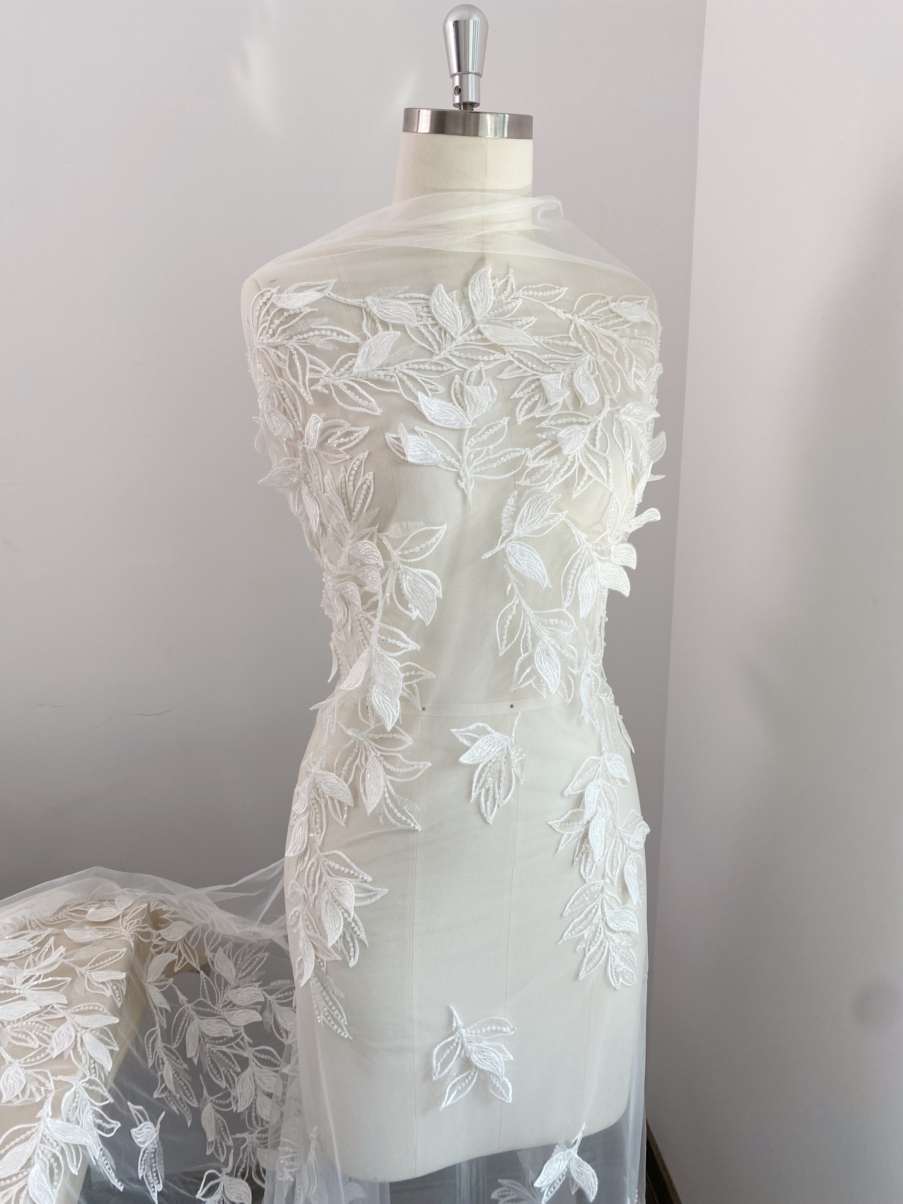 3D White Beaded Leaf Flower Lace Fabric, Bridal Floral Lace Veil Material, Soft Embroidery Leaf Veil Tulle Fabric by the yard