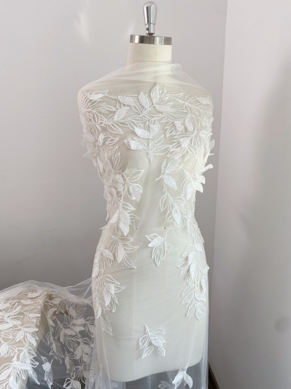 3D White Beaded Leaf Flower Lace Fabric, Bridal Floral Lace Veil Material, Soft Embroidery Leaf Veil Tulle Fabric by the yard