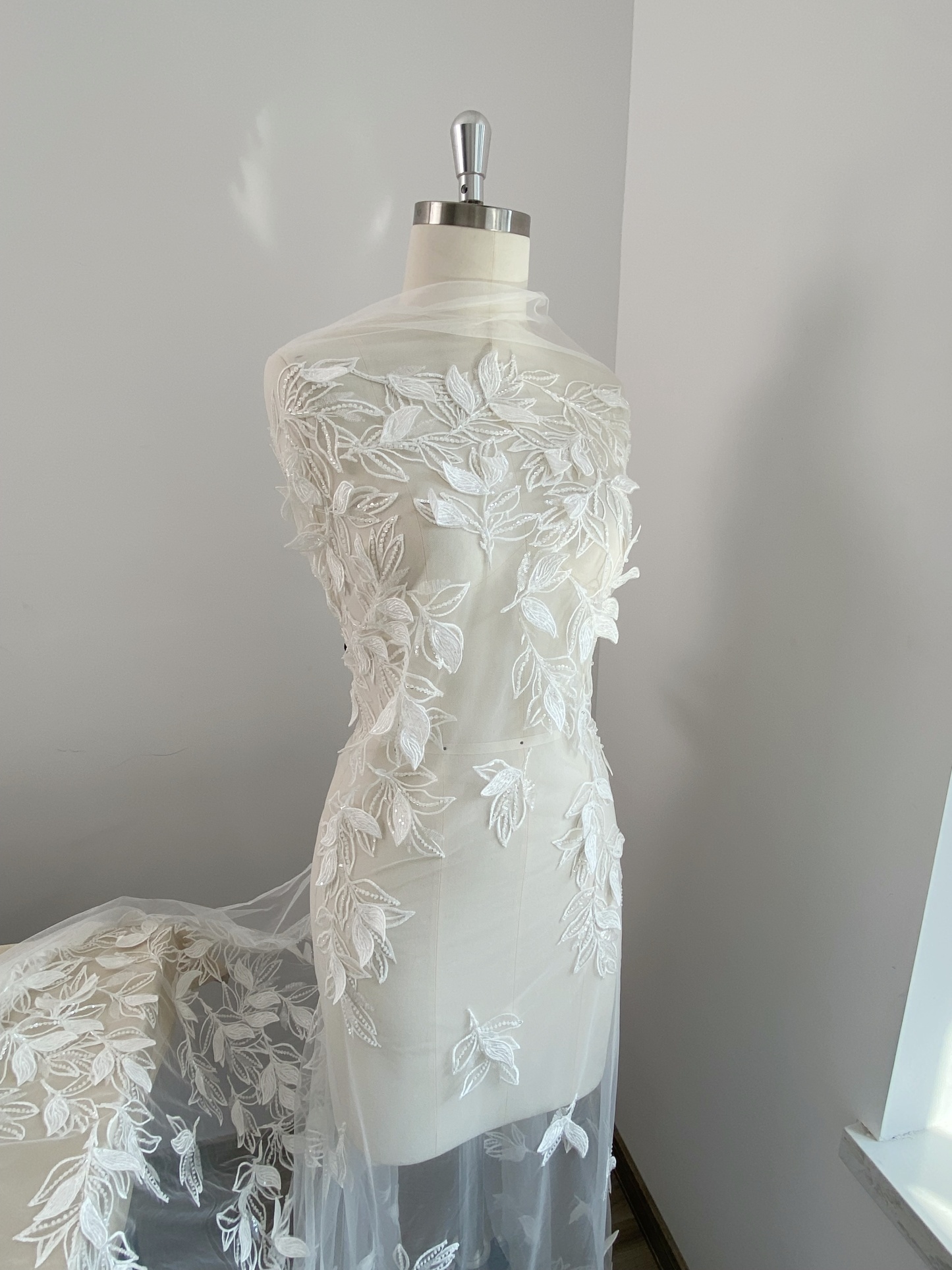 3D White Beaded Leaf Flower Lace Fabric, Bridal Floral Lace Veil Material, Soft Embroidery Leaf Veil Tulle Fabric by the yard