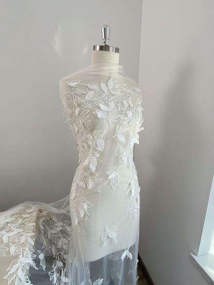 3D White Beaded Leaf Flower Lace Fabric, Bridal Floral Lace Veil Material, Soft Embroidery Leaf Veil Tulle Fabric by the yard