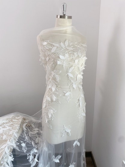 3D White Beaded Leaf Flower Lace Fabric, Bridal Floral Lace Veil Material, Soft Embroidery Leaf Veil Tulle Fabric by the yard