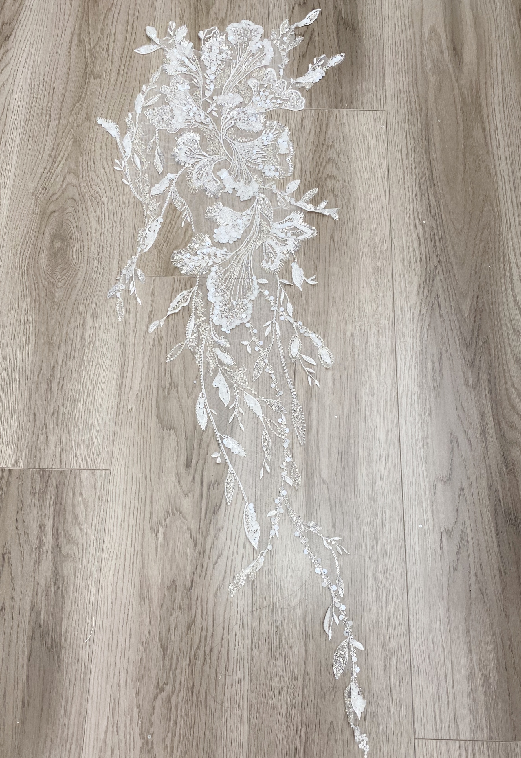 Beaded Lace Trim with Sequins, White Sequined Petal 3D Lace Applique Pair with Handmade Beads for Costume, Bridal Gown, Prom Dress