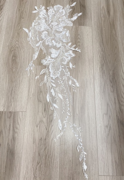 Beaded Lace Trim with Sequins, White Sequined Petal 3D Lace Applique Pair with Handmade Beads for Costume, Bridal Gown, Prom Dress