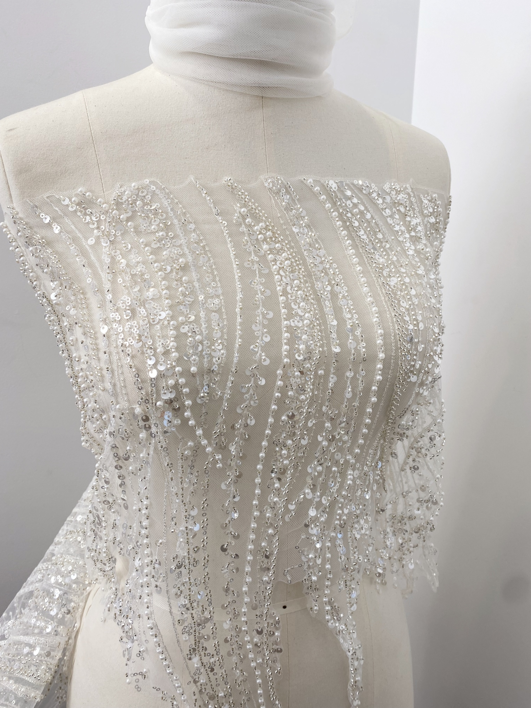 Luxury Silver Beaded Lace Trim with Sequins and Beads,3D Wave Lace Fabric for Wedding Veil, Dress Hem or Evening Gown