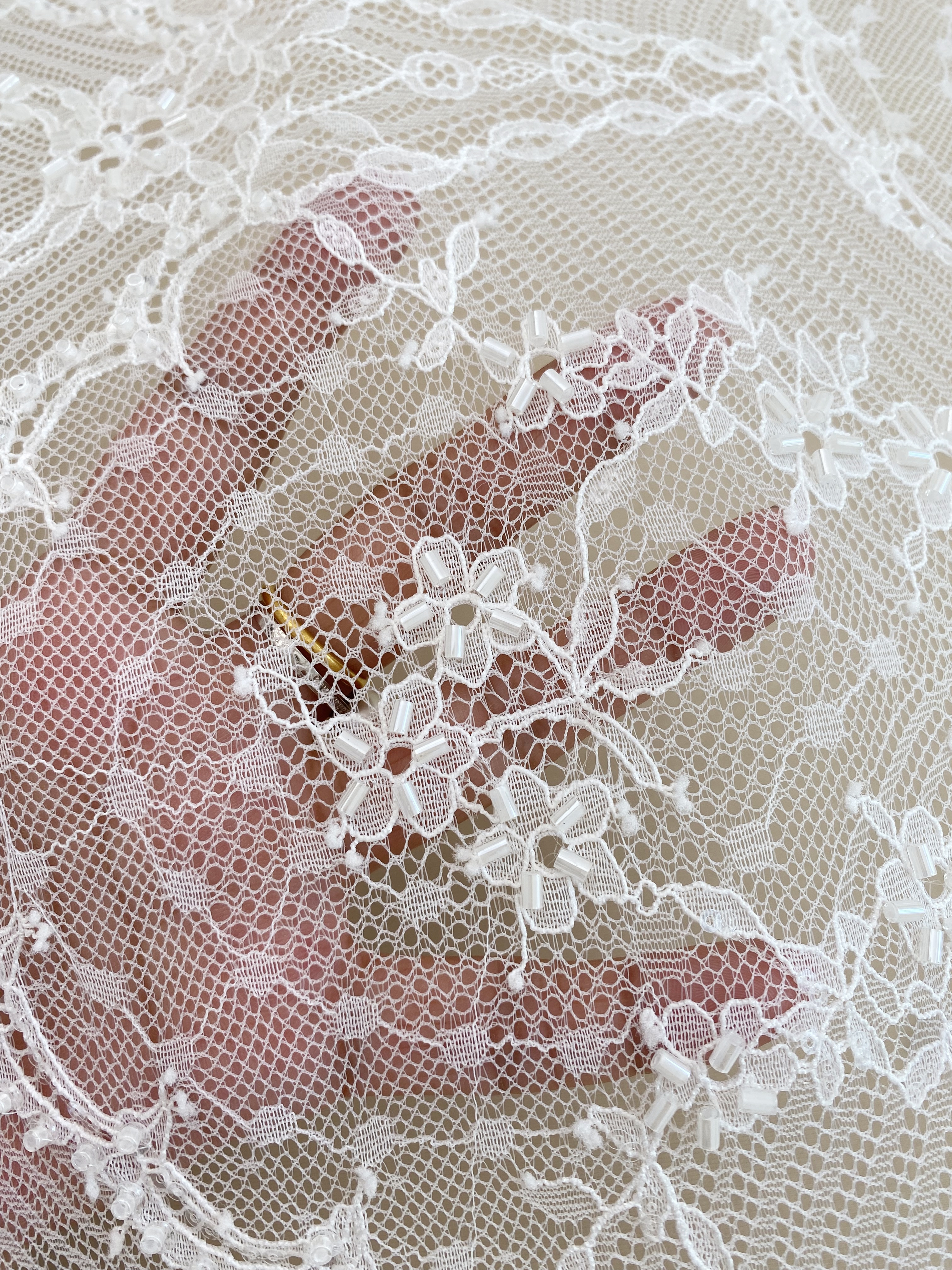 Off White French Chantilly Lace Fabric, Beaded Bridal Wedding Fabric Unique Mermaid Bridal Lace Fabric By 3 Meters