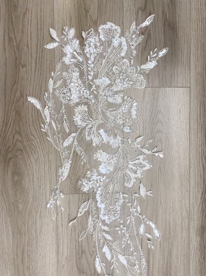 Beaded Lace Trim with Sequins, White Sequined Petal 3D Lace Applique Pair with Handmade Beads for Costume, Bridal Gown, Prom Dress