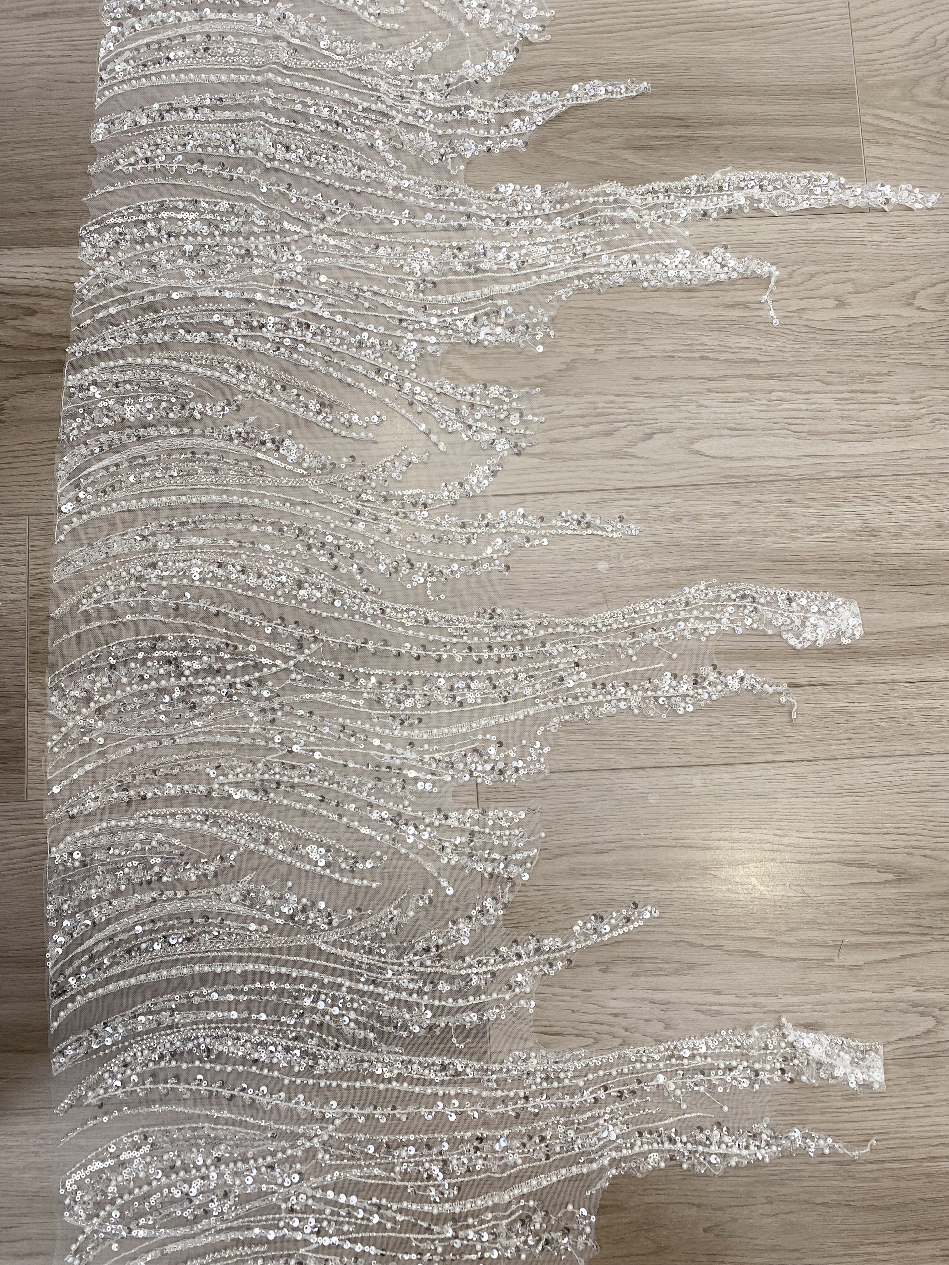 Luxury Silver Beaded Lace Trim with Sequins and Beads,3D Wave Lace Fabric for Wedding Veil, Dress Hem or Evening Gown