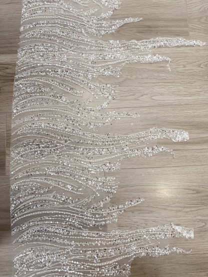 Luxury Silver Beaded Lace Trim with Sequins and Beads,3D Wave Lace Fabric for Wedding Veil, Dress Hem or Evening Gown