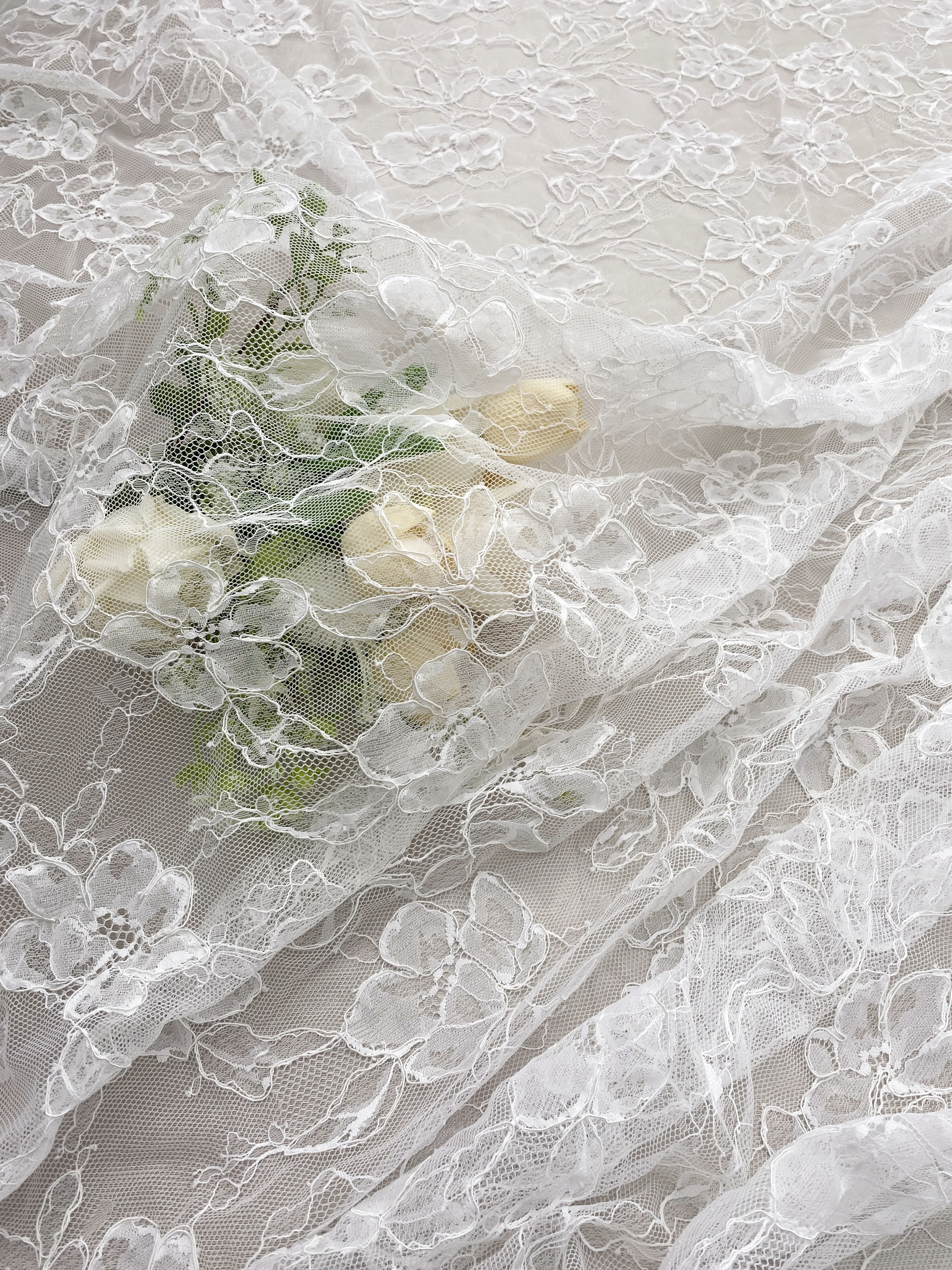 Off White French Alencon Lace Fabric with Corded Floral, Bridal Wedding Floral Embroidery Lace Fabric Sold as 3 meters