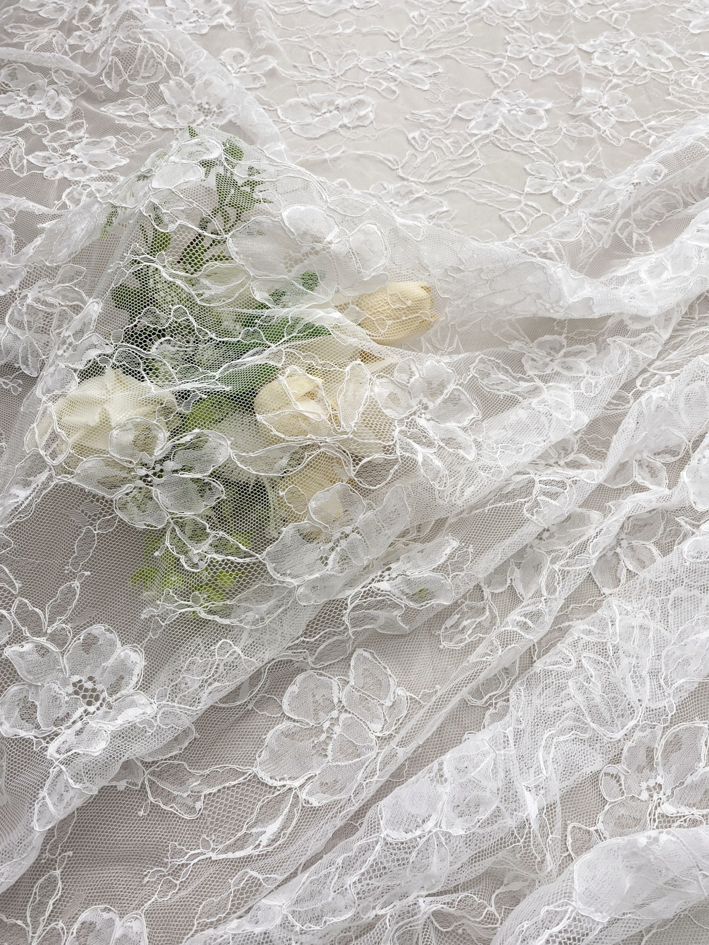 Off White French Alencon Lace Fabric with Corded Floral, Bridal Wedding Floral Embroidery Lace Fabric Sold as 3 meters