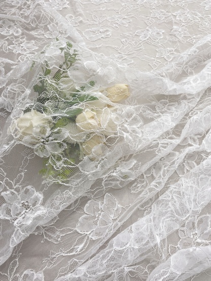 Off White French Alencon Lace Fabric with Corded Floral, Bridal Wedding Floral Embroidery Lace Fabric Sold as 3 meters