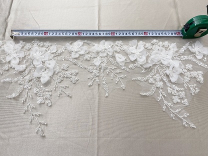 Luxury ivory 3D hand beaded bridal lace applique piece for wedding gown bodice, Veil, DIY dress making, wedding dress trim,1 Pair